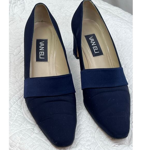 Vaneli Shoes - Van Eli Women's Size 9 Navy Blue Fabric Block Heel Slip on Dress Pump Shoe